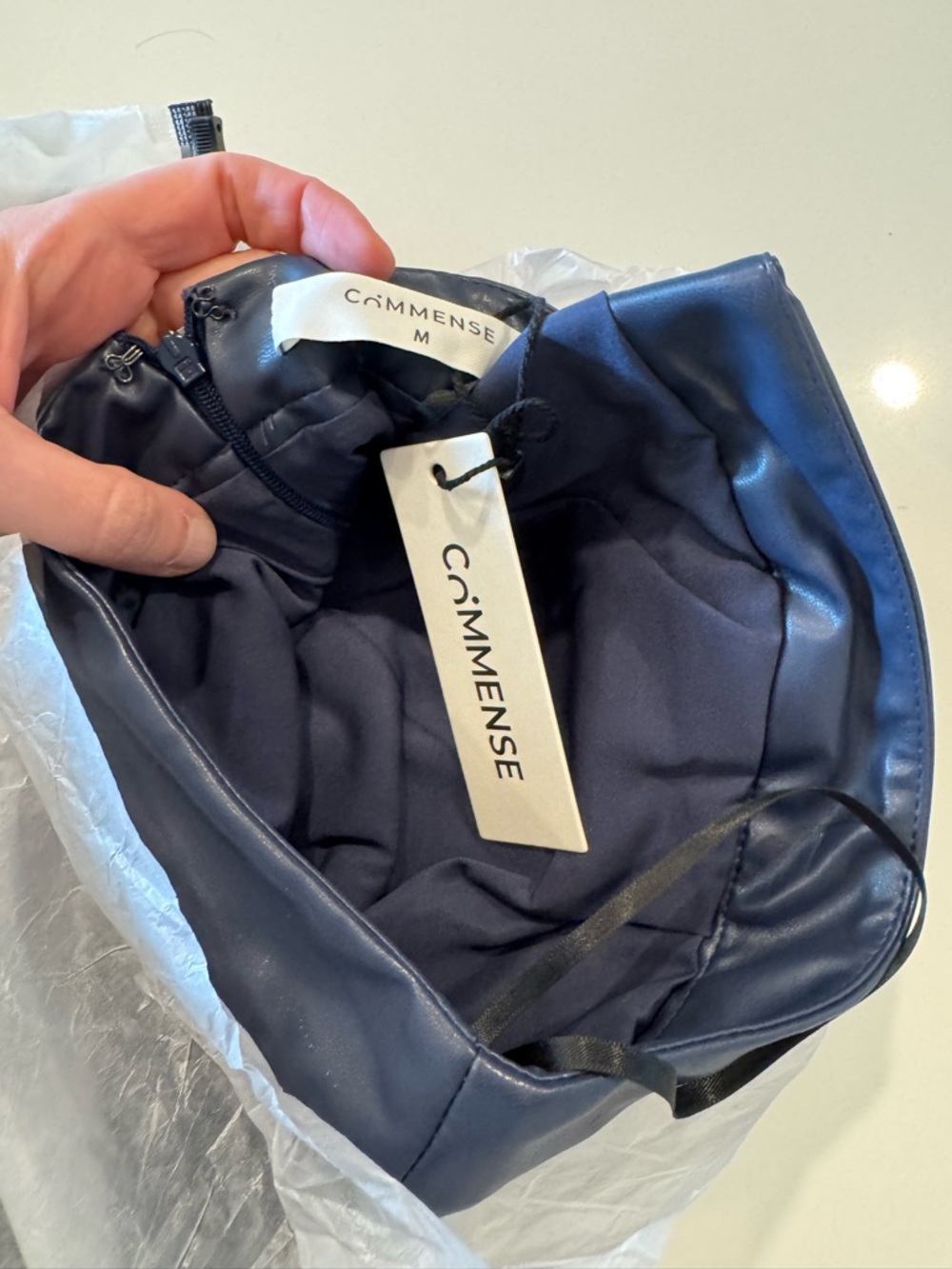 Commense Navy PU Leather Ruched Midi Skirt with Side Slit - Picture 2 of 5